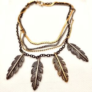 Layered Chain Choker Necklace with Dangling Pewter Leave Charms 16" Length